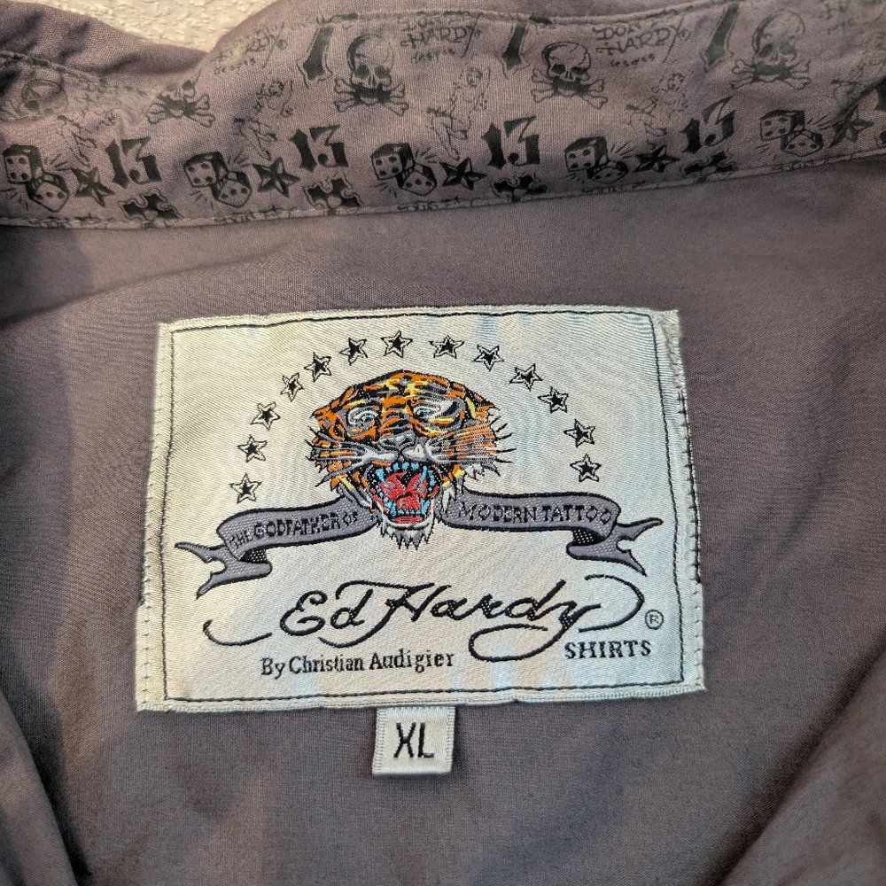 Vtg Ed Hardy Christian Audigier Floral Skull Kiss Of Death Men’s XL Grey - Picture 2 of 16